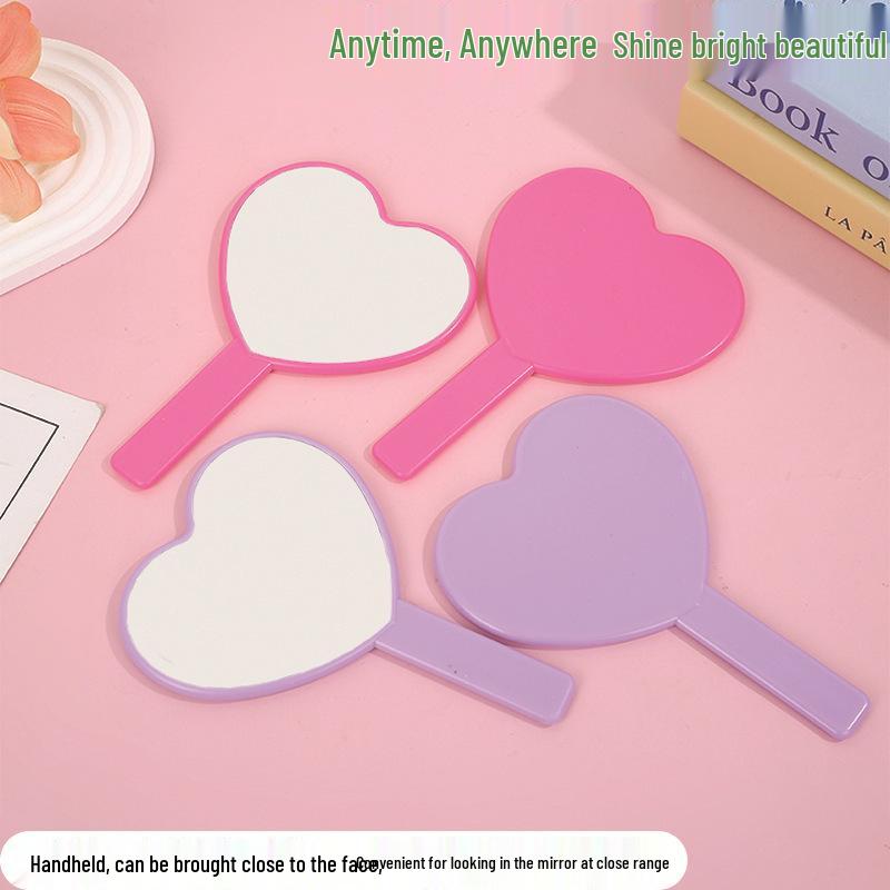 Heart-Shaped Handheld Makeup Mirror with Cute Handle - Customizable Gift for Girls