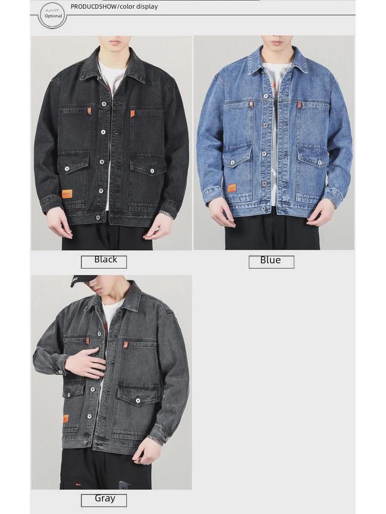 Men's Japanese Style Multi-Pocket Denim Jacket - Trendy Loose Fit for Spring & Autumn