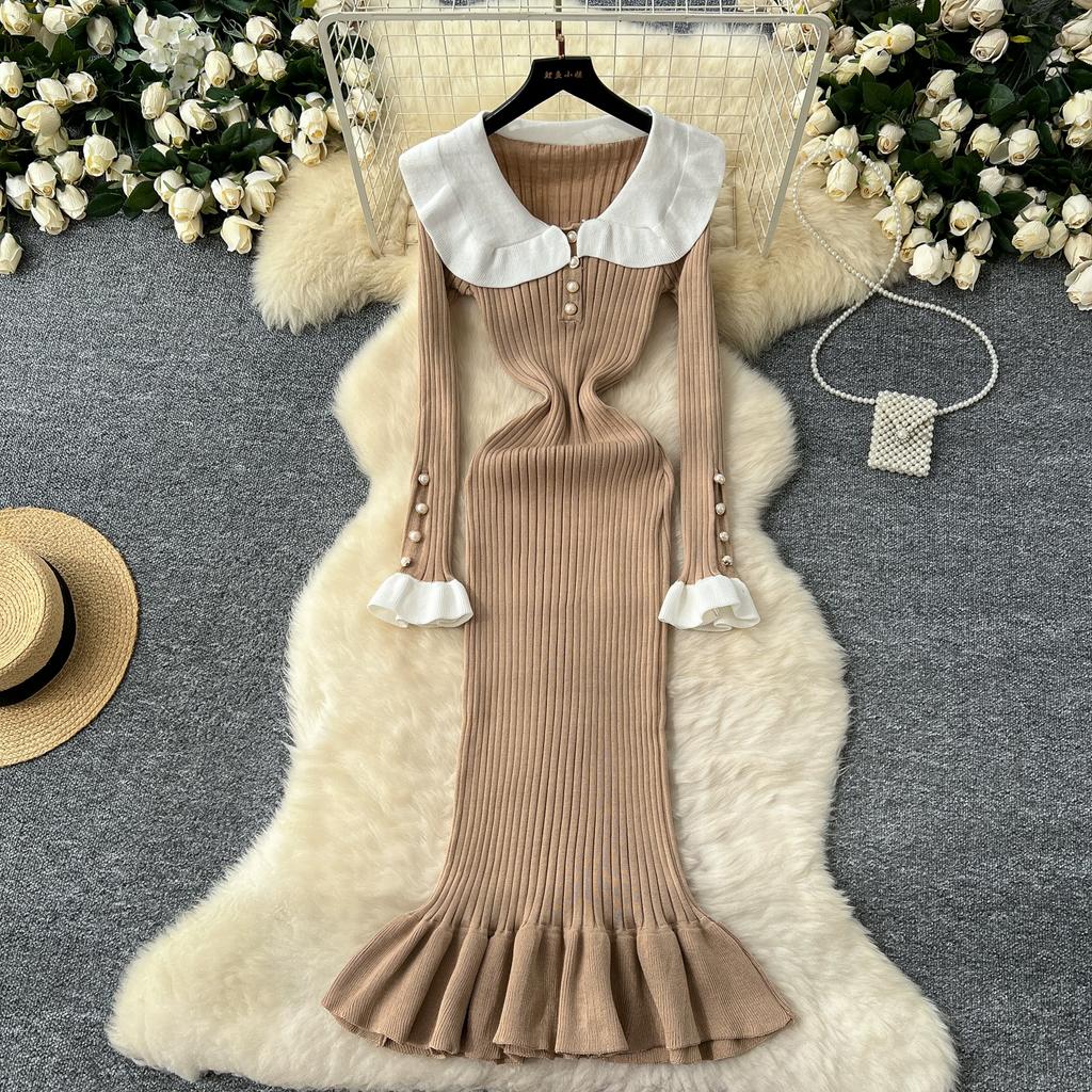 Spring Autumn Women Sweet Peter Pan Collar Knitted Sweater Long Midi Slim Mermaid Dresses