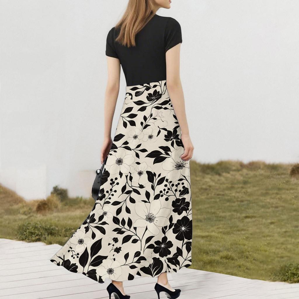 Women's Fashion Casual Loose Printed Round Neck Short Sleeve Long Dresses Short Sleeve Long Dresses