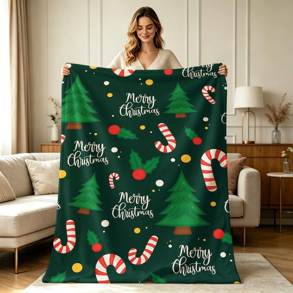 Soft Cozy Flannel Christmas Pattern Blanket Warm All Season Throw Blanket for Sofa Couch Bedroom Office Living Room Holiday Decor with Pine Tree Candy
