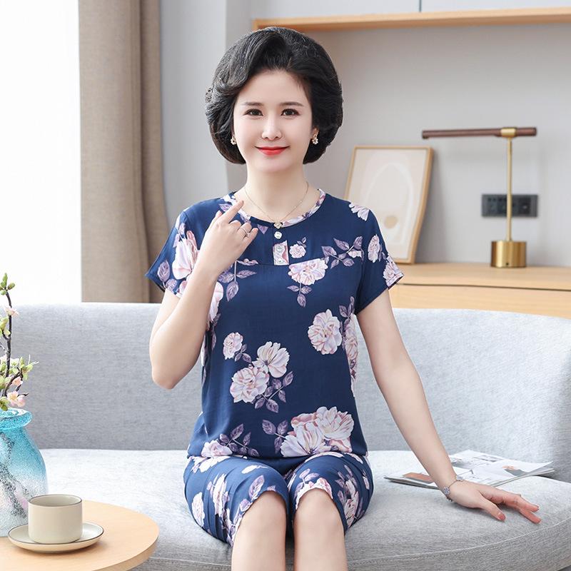 

«Женская летняя пижама из хлопка и шелка»: Комплект из двух предметов с коротким рукавом, свободного кроя, для людей среднего и пожилого возраста, больших размеров, для ношения на открытом воздухе. XXXXL (80-90 kg)