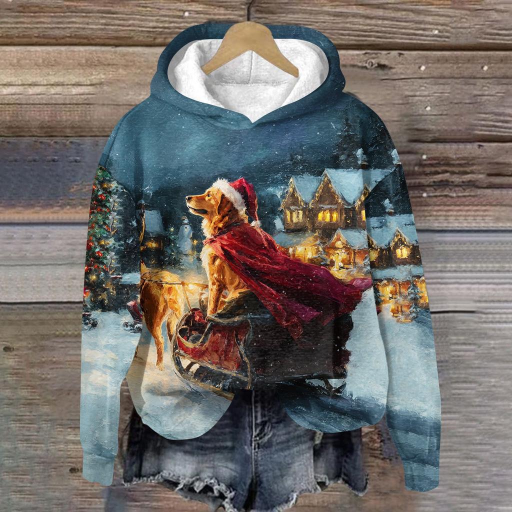 Women's Fashion Long Sleeve Christmas Print Loose Hooded Sweatshirt Top