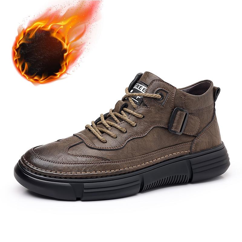 2025 new men's shoes retro Martin boots thermal velvet cotton shoes genuine leather trend men's short boots casual leather shoes
