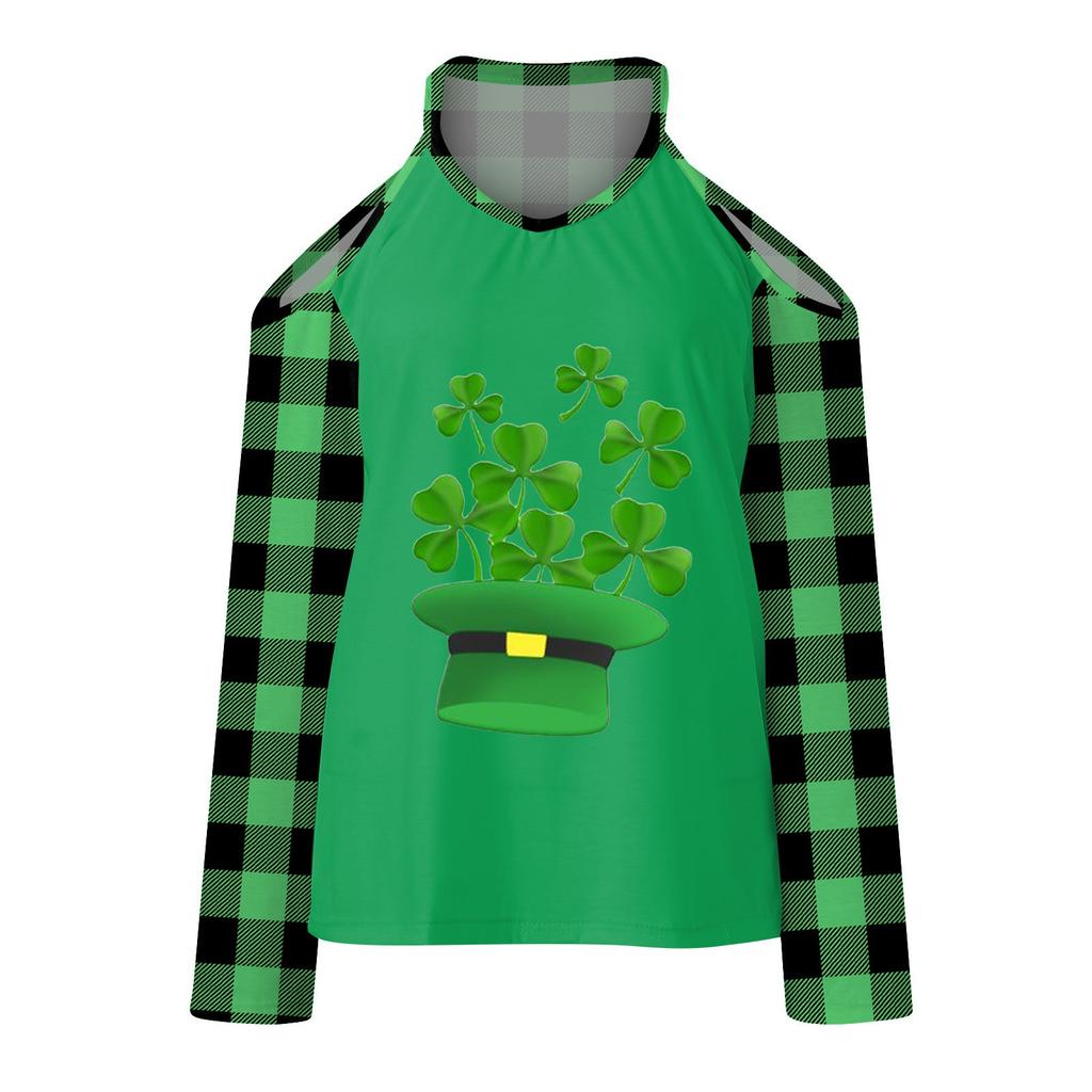 Mode féminine décontractée col en V St. Haut t-shirt à manches longues et épaules dénudées imprimé Saint-Patrick