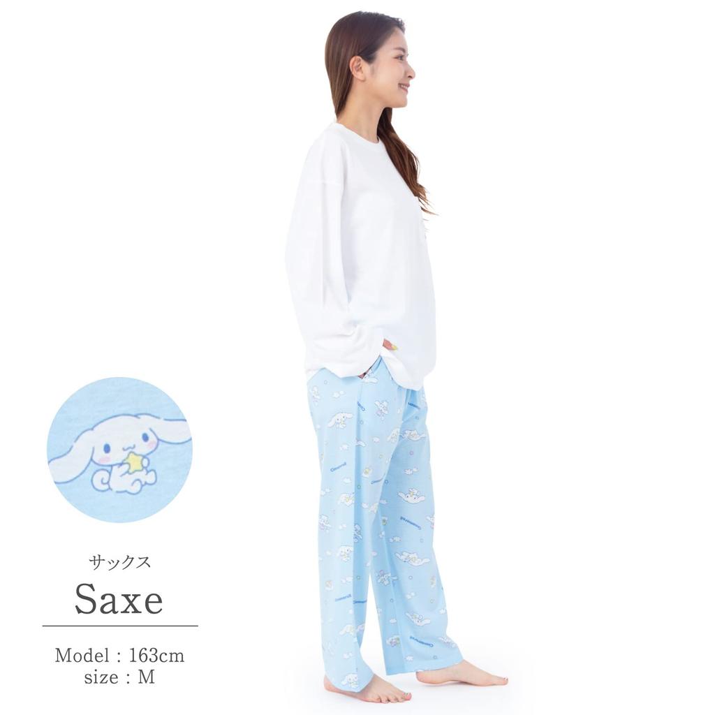SAZAC Cinnamoroll Long Sleeve Pajama Set and Jersey Cotton Loungewear Women's (Top Bottoms), (Sax/L/SAN1698)
