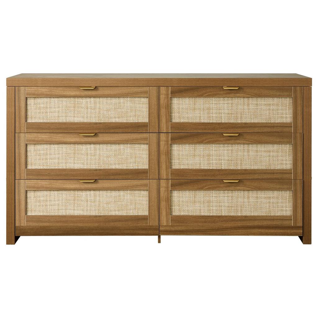 6 Drawer Rattan Dresser, Double Dresser for Bedroom, Natural Rattan Chest of Drawer with Metal Handle, Modern Wood Chest Clothing Organizer & Storage