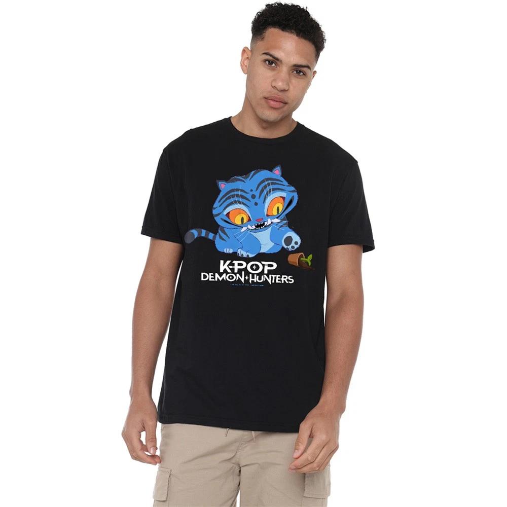 

K-Pop Demon Hunters - Cute Derpy Tiger Cartoon Unisex 100% Cotton T-shirt Mens Tees Top, Black XL