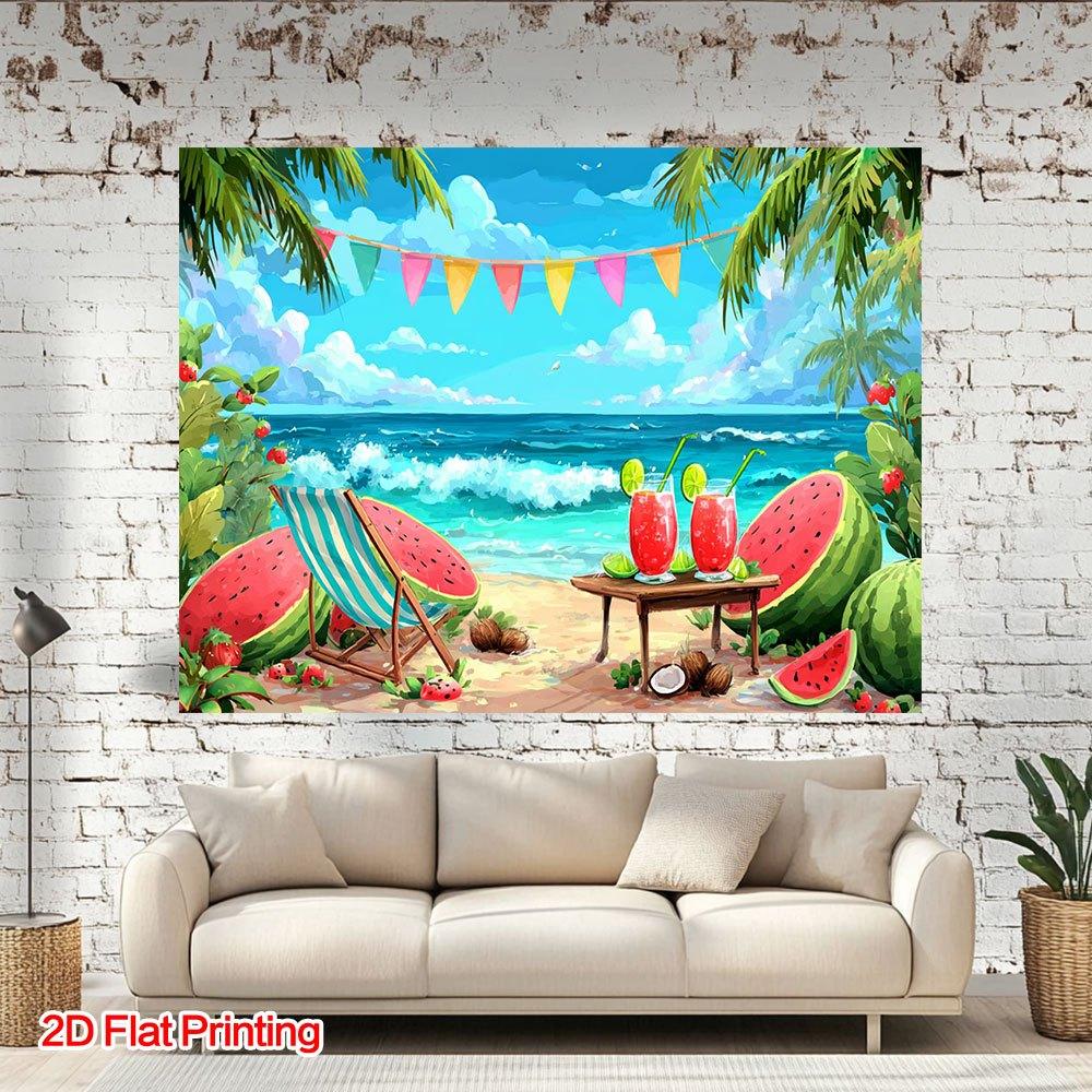 2D plane, 1 piece. 2D plane printed summer beach watermelon beverage scene photography background fabric, polyester fabric.