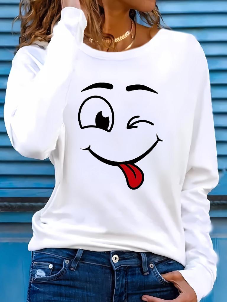 fashionable casual loose fun expression pack printed round neck long sleeved T-shirt