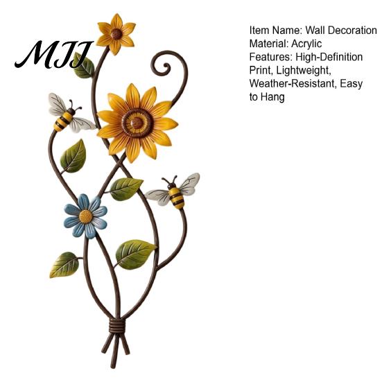 Indoor Living Room Art Sunflower Bee Wall Decor, 2D Flat Floral Hanging, Country Garden Weather Resistant Outdoor Sign Flower Ornament for Fence Porch