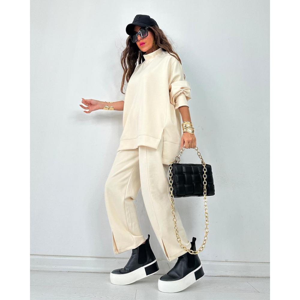 New Autumn and Winter Women's Fashion Casual Set, Solid Color Long-sleeved Shirt and Long Pants Split Two-piece Set