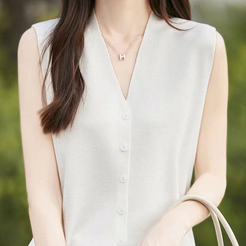 2025 Summer Women's Ice Silk Sleeveless Cardigan Vest with Buttons