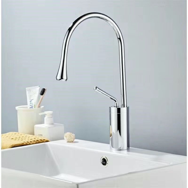 Golden Swan Neck Faucet, High Arc Deck Mount Tap for Bathroom Vanity & Kitchen Island, Cold & Hot Water Mixer