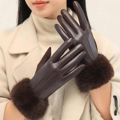 Winter Fashion With Faux Fur Trim PU Leather Women's Gloves for Cold Weather Cuff Thickened Thermal Lining Windproof Warm Gloves