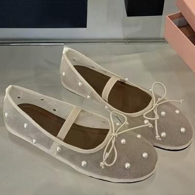 Rhinestone Single Shoes Women's Summer New Round Toe Shallow Mesh Breathable Bow Mary Jane Soft Sole Non-Slip Flats