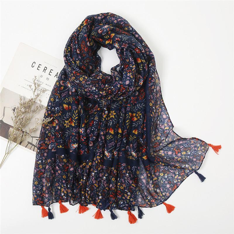 New Fashion Luxury Brand Bohemian Floral Tassel Viscose Shawl Scarf Lady High Quality Wrap Pashmina Stole Muslim Hijab 180*90Cm