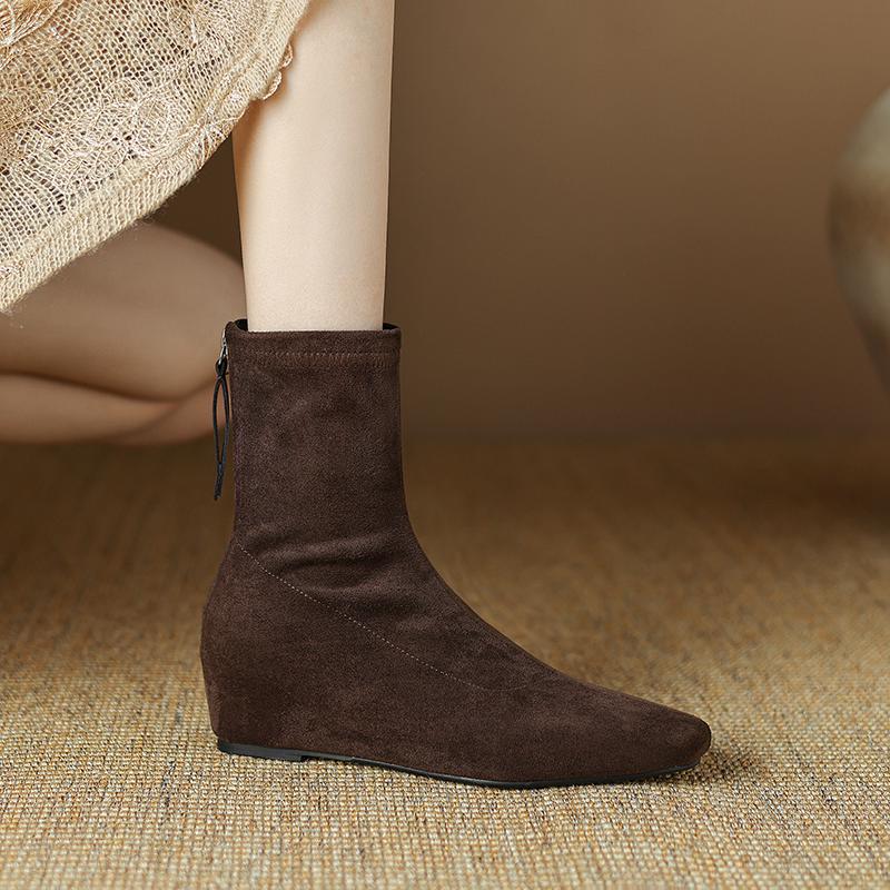 Krazing Pot Flock Autumn Winter Shoes Retro Fashion Wedges Heels Size 43 Zipper Square Toe Keep Warm Ankle Boots