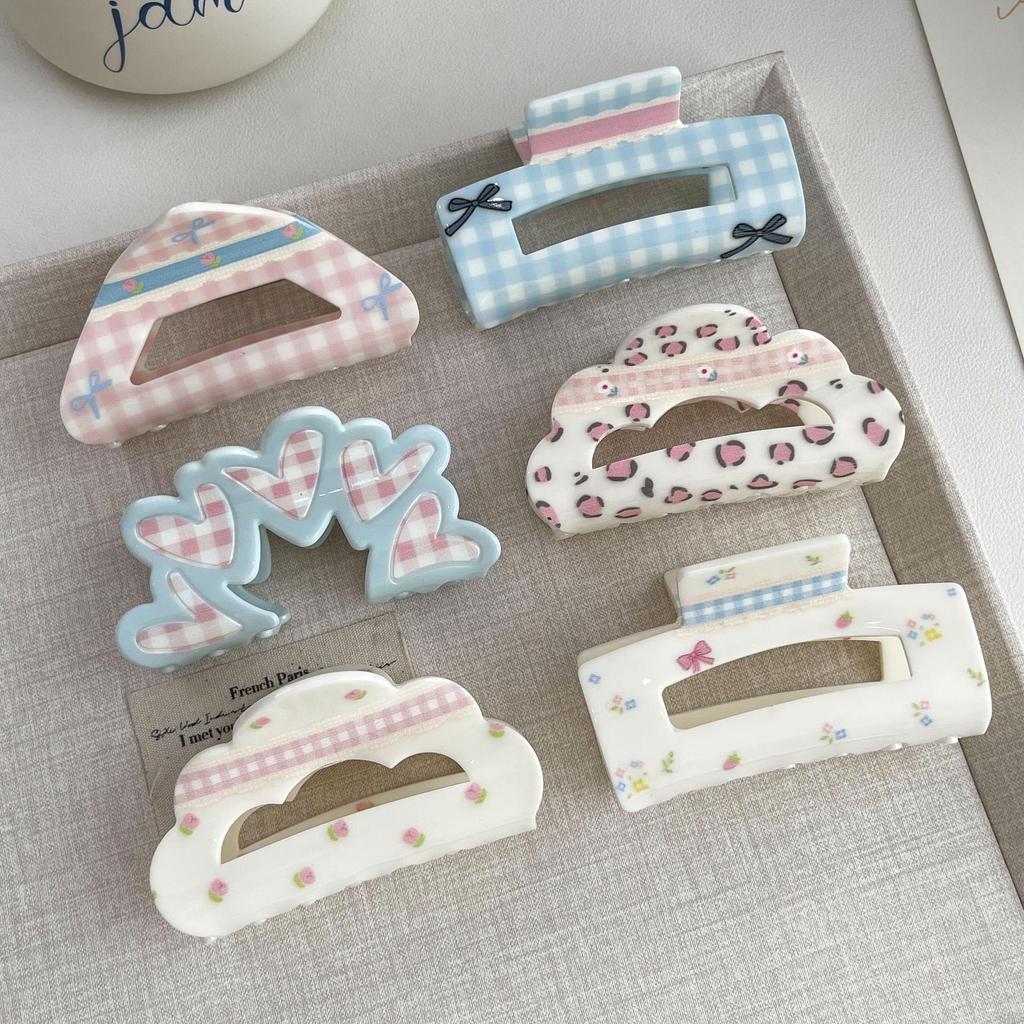 Floral Plaid Bow Claw Clip - Acrylic Hair Accessory for Updo Hairstyles