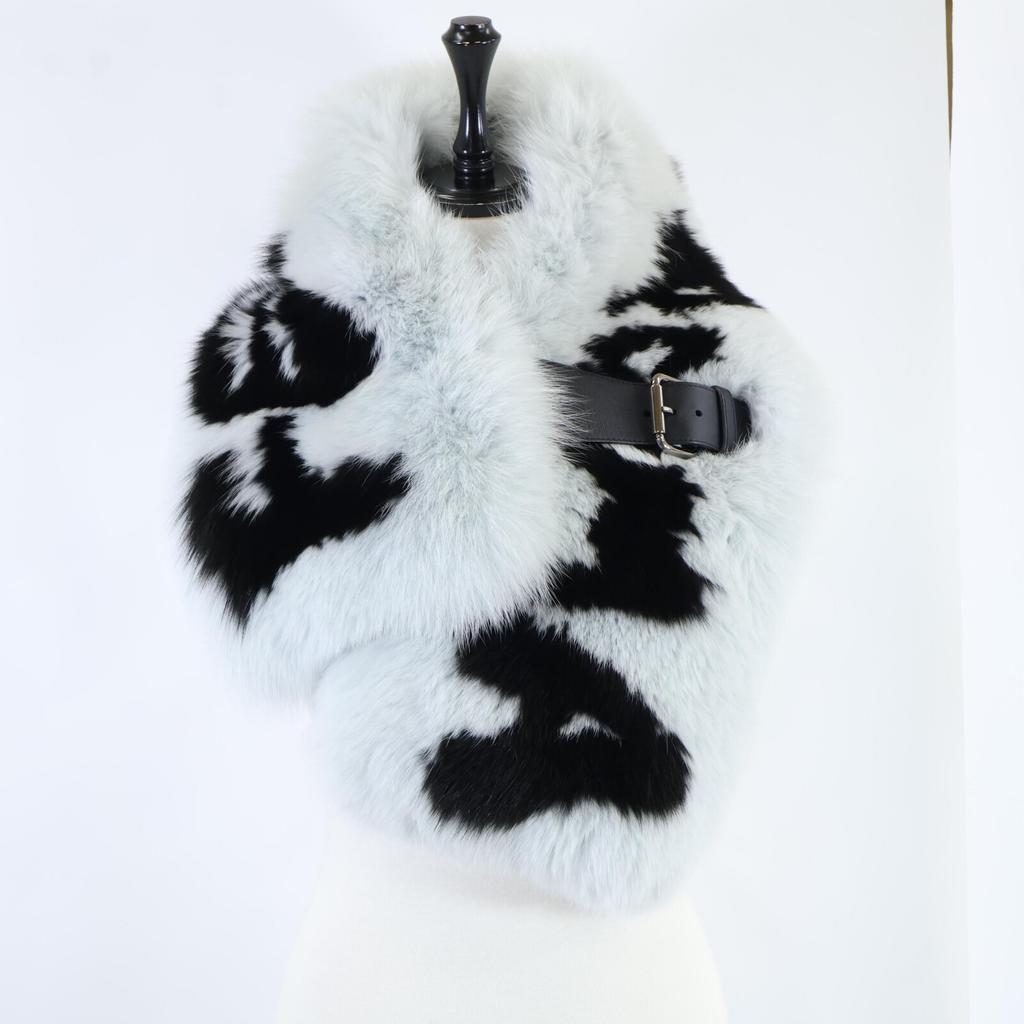 FENDI [Excellent Condition/Domestically Authorized] FNL121 1UY F07SQ Fox Fur/Silk Leather Belt Tippet Scarf HERON+BLACKUsed