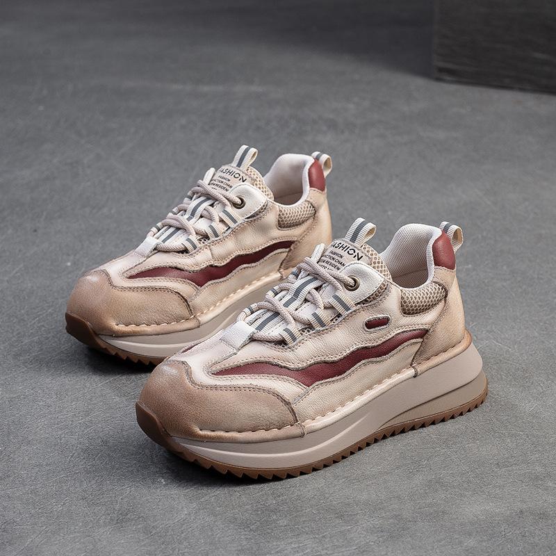 Johnature Thick Soled Mixed Colors Retro Genuine Leather Splicing Breathable Mesh Casual Sports Women's Shoes