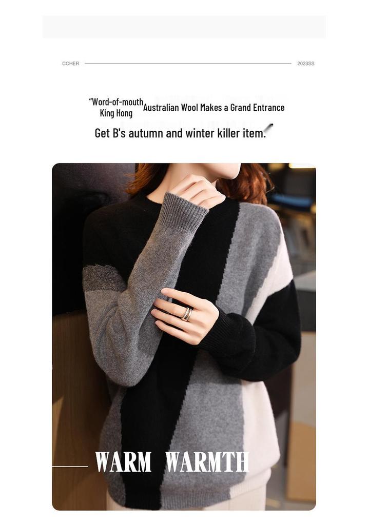 Women's 100% Pure Wool Color Block Round Neck Sweater - Loose, Stylish, Versatile Pullover, Slimming Cashmere Knit Base Layer