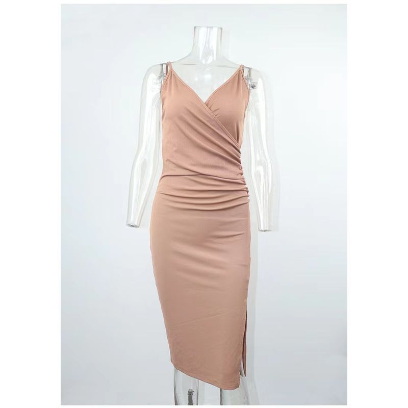

Fashion Wind Elegant Dress Sexy Suspenders Silm Bodycon Dress Sexy Halter Backless Dress Shallow khakis S