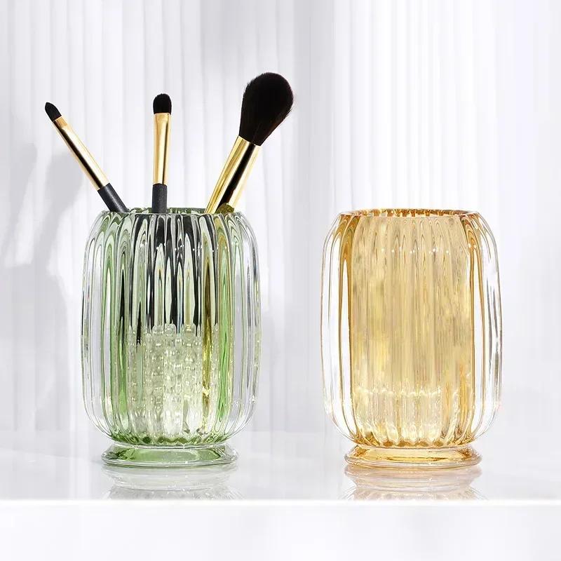 Cylinder Bucket Desktop Storage Box Transparent Glass Storage Light Luxury Striped High Beauty Pen Holder Hydroponic Vase