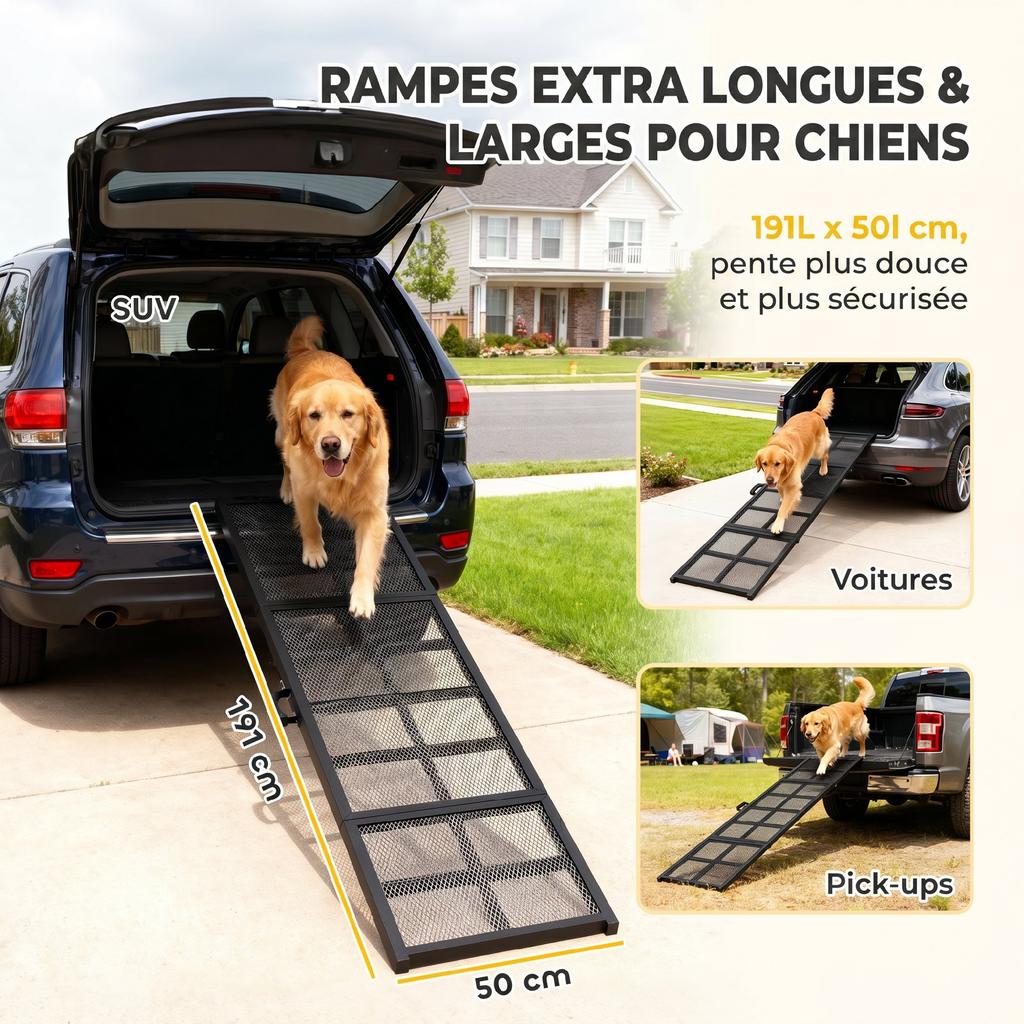 Folding Dog Ramp, Steel, Non-Slip Surface, Load 180 kg, 191 x 50 x 4 cm, Black