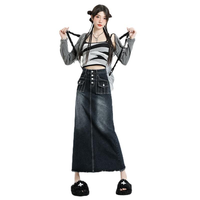 2025 Summer Women's High Waist Slim Mid-Length Retro Denim Skirt