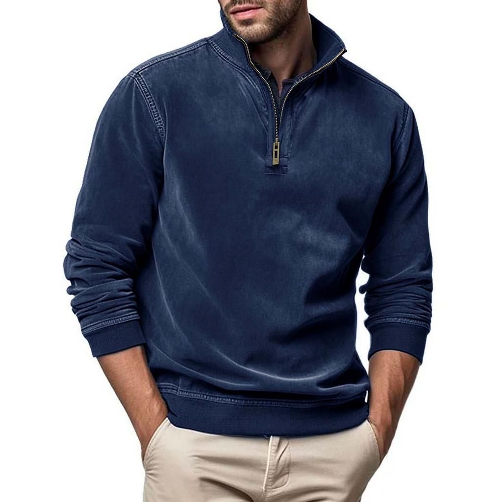 Men's Long Sleeved Zipper Stand Up Collar Sweatshirt Men's Collar Imitation Leather Thread Pullover Top