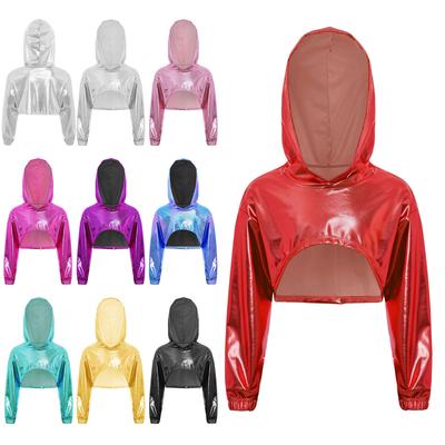 Gyerek Lány Utcai Stílusú Táncos Kapucnis Pulóver: Fényes fémes, crop top, aszimmetrikus szegéllyel és hosszú ujjakkal, versenyre