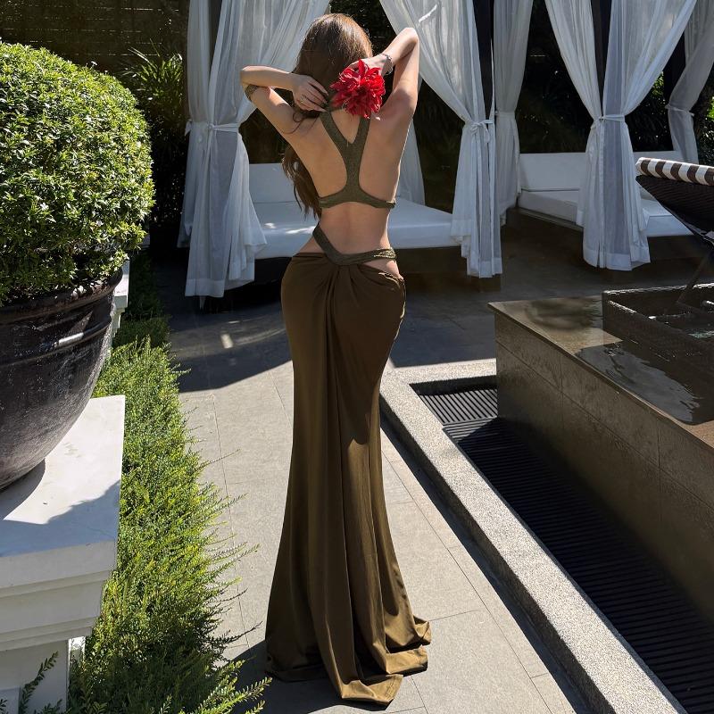 

Beautiful Beach Dress Women s Seaside Vacation Sexy Backless Hollow Neck Dress Dress Dress Dress L оливковий колір