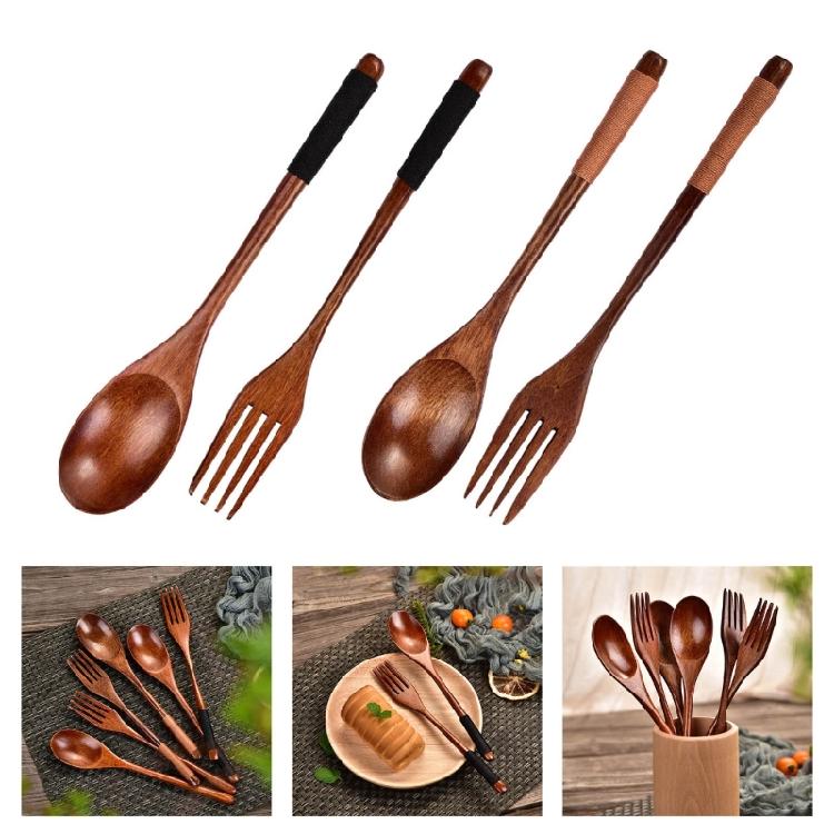 Simple Wooden Spoon Fork Set Long Handle Design For Deep Container Natural Finish Kitchenwares Durable Cooking Utensils