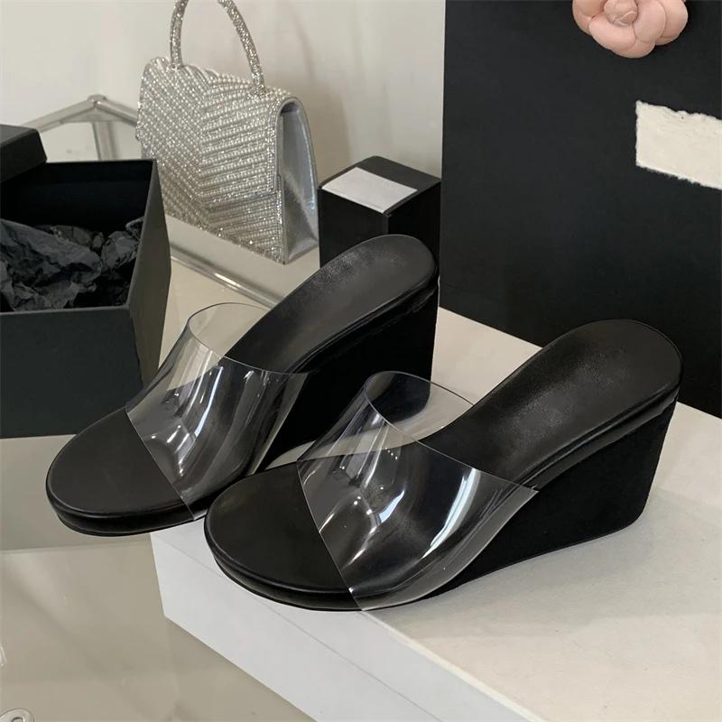 

Fashion Summer PVC Transparent Leopard Print Wedges Slippers Women Shoes Fashion High Heels Slide Zapatos De Mujer 35 чёрный