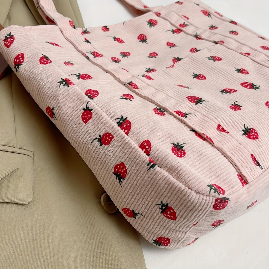 Pink Strawberry Pattern Corduroy Women'S Handbag - Casual Style, Fixed Shoulder Strap, Zipper Closure, Perfect for Work, Shopping Casual Handbag