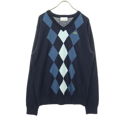One-point Logo Argyle Pattern Long Sleeve V Neck Sweater 3 Navy Men's Used
