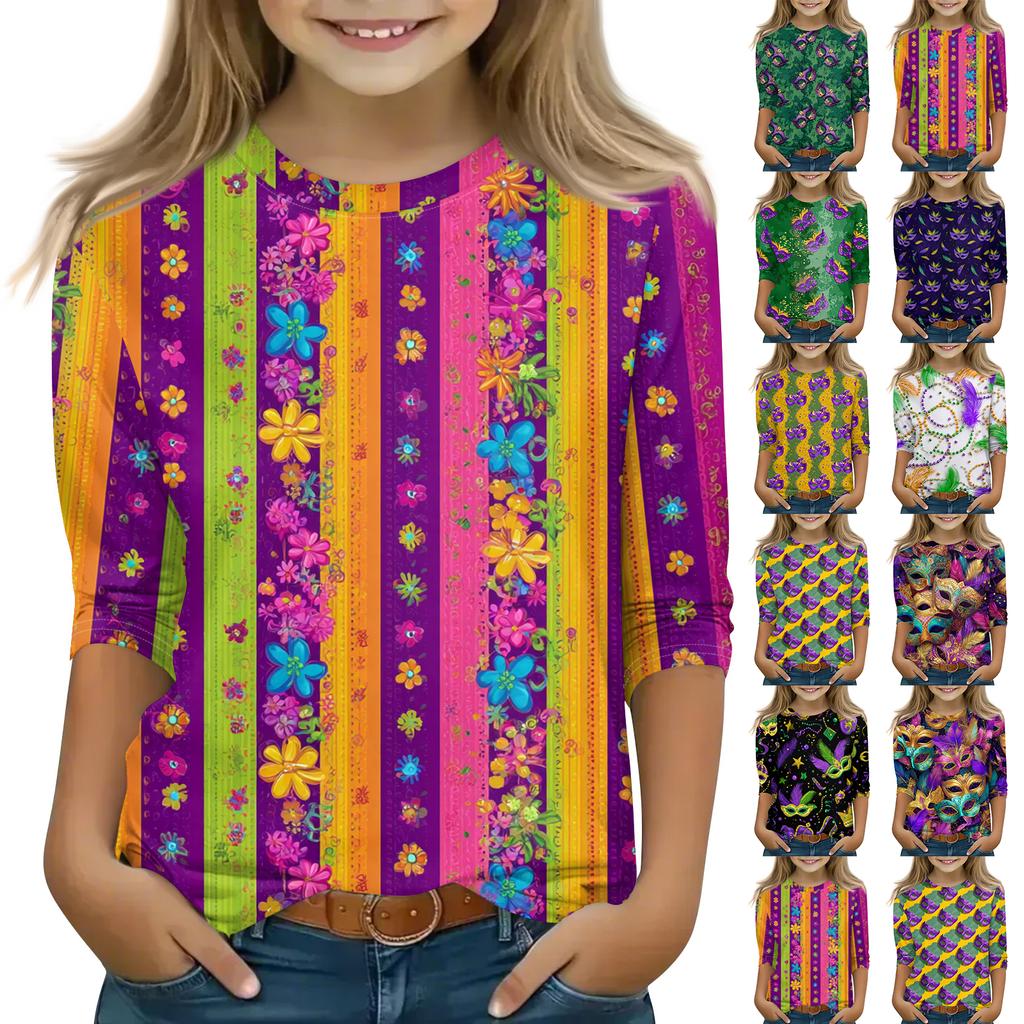 Print Tops For Youth Girls Round Neck 3/4 Sleeves T-Shirts Trendy Tops Outfit Tees