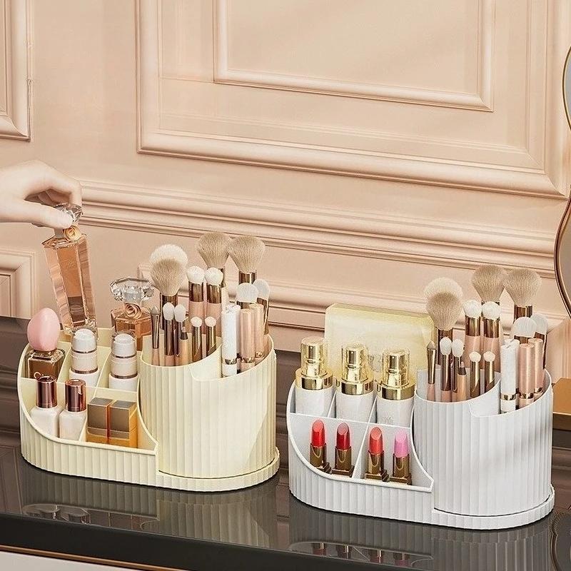 Rotating Makeup Brush Organizer Multifunctional Cosmetic Storage for Lipstick Eyeshadow Brushes Luxury Plastic Cream White Pink