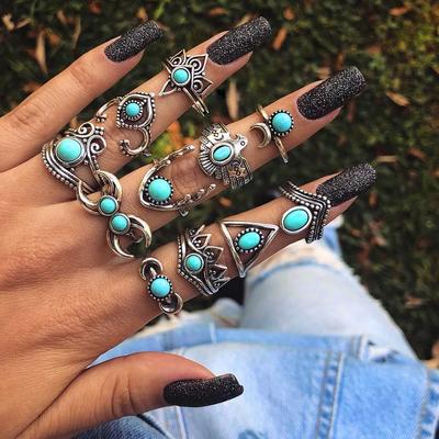 European & American Style Turquoise Crescent Owl 11-Piece Alloy Ring Set