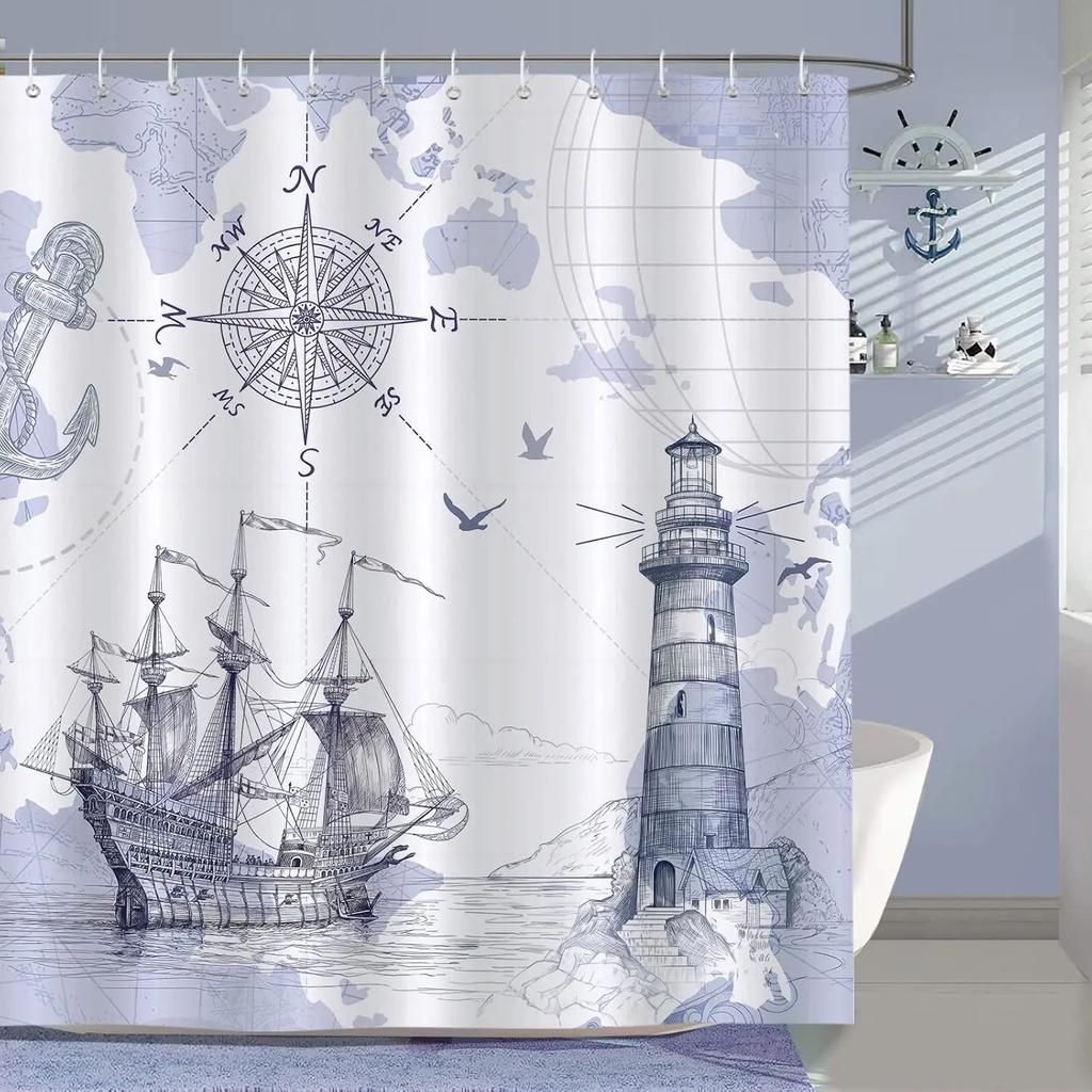 Lighthouse Shower Curtain, Nautical Coastal Sailboat Compass Bathroom DecorPolyester Fabric Waterproof Bath Curtain with 12Hoo