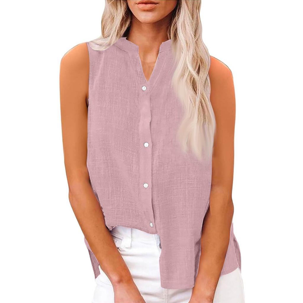 Women's Fashion Color Casual Sleeveless Cardigan Button Loose Cotton Linen Shirt Top