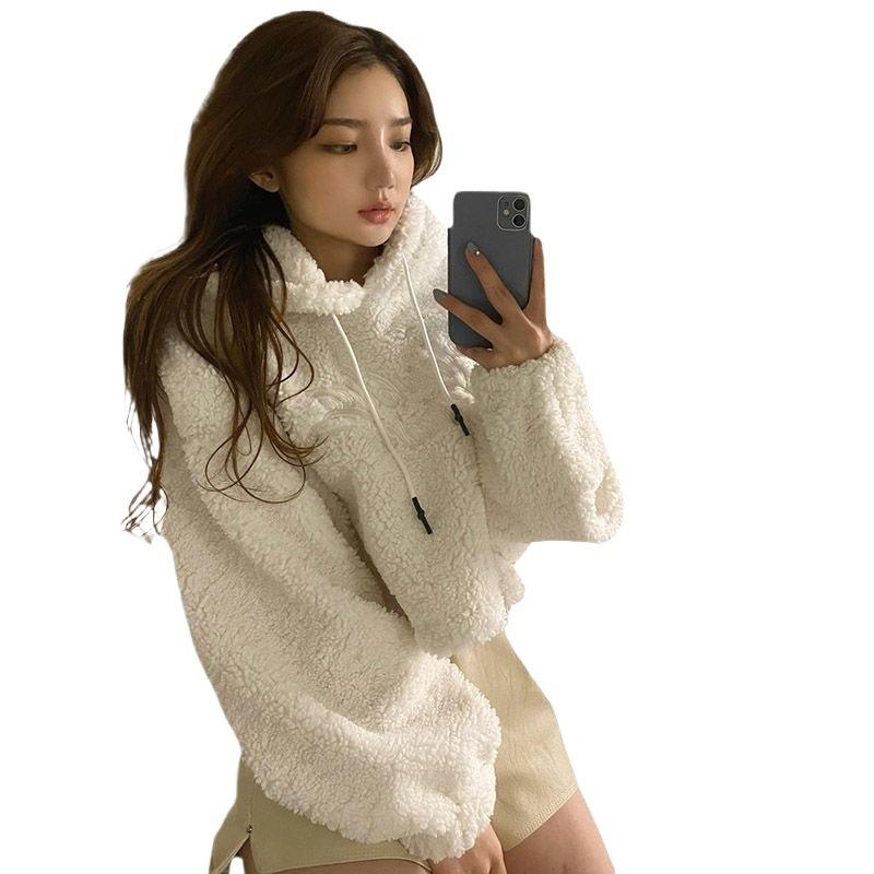 Lammwolle Kapuzenpullover Damen Kordelzug Locker Lässig Kurze Plüschjacke Verdickt und Samt Herbst und Winter Neu