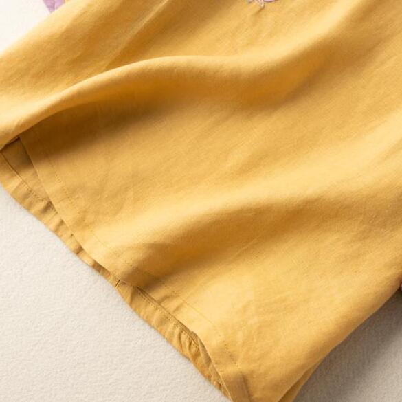 Cotton and Linen Medium-sleeved Embroidery Oblique Placket Disc Buckle Ethnic Style Retro Shirt Female Spring and Summer New Models