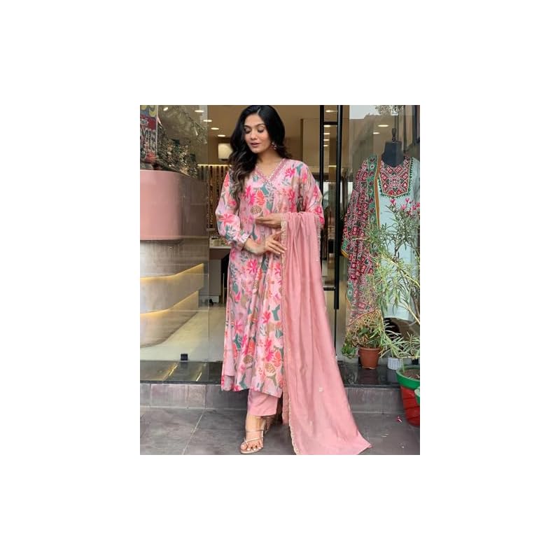 GoSriKi Women's Rayon Blend Printed Straight Kurta with Pant & Dupatta (Maslin-Multi-GS_XXL_Peach_XX-Large)