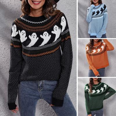Women Autumn Winter Sweater Cartoon Ghost Print Long Sleeve Hollow Out Halloween Style Round Neck Knitted Thick Soft Pullover Color Matching