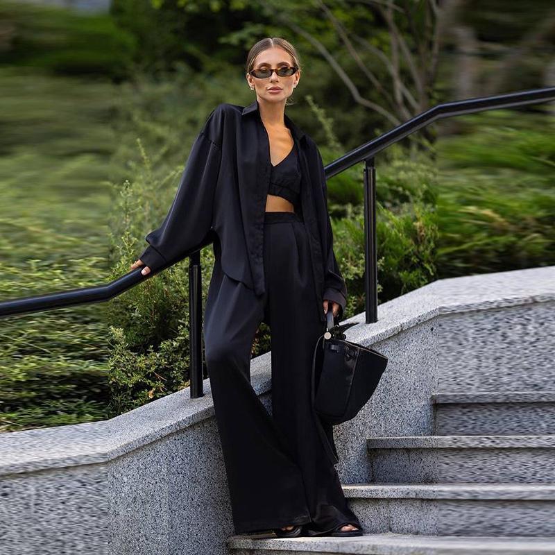 

Элегантный шелковый комплект из 3 предметов: рубашка, бюстгальтер, брюки, женские повседневные однобортные свободные рубашки с лацканами, корсетные прямые брюки, костюмы для женщин L чёрный