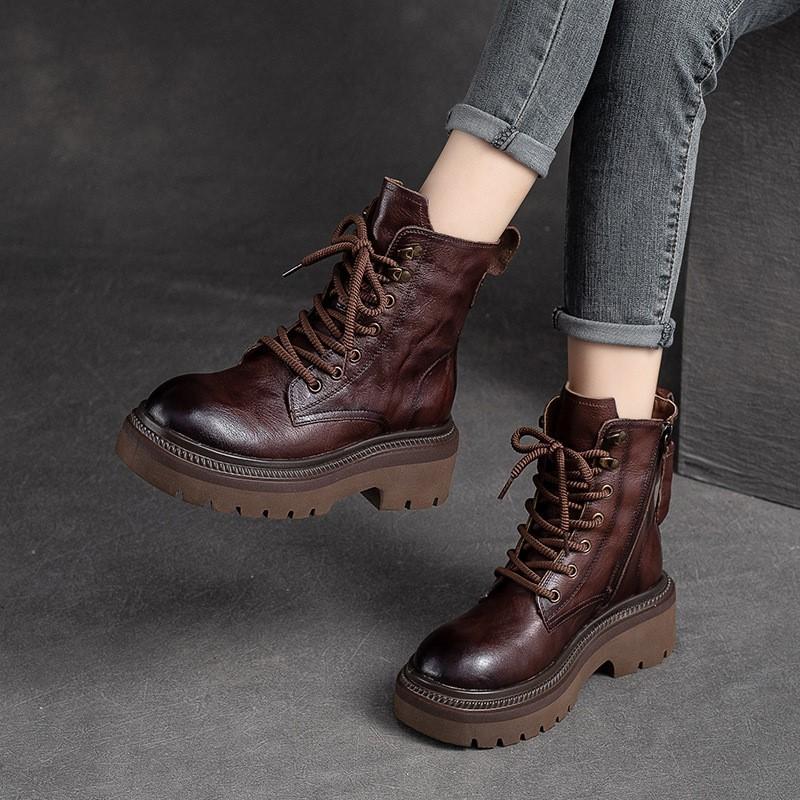 Johnature Thick Sole Vintage Boots Side Zipper Genuine Leather Short Boots Fashion Versatile Women Shoes