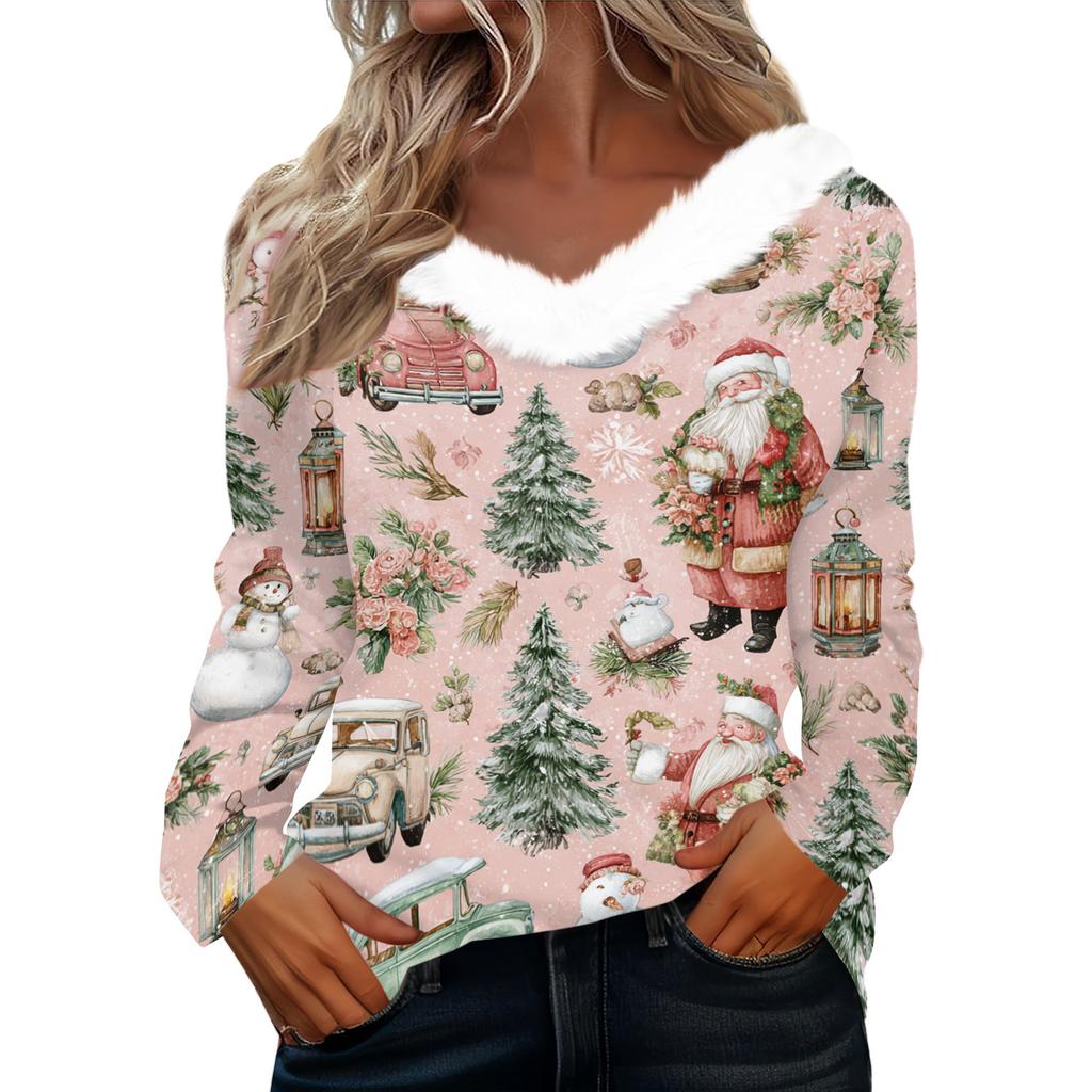 Langermede skjorter for kvinner Søte topper juletrykk T-skjorter Bluser Uformell Pluss størrelse Basic Topper Pullover