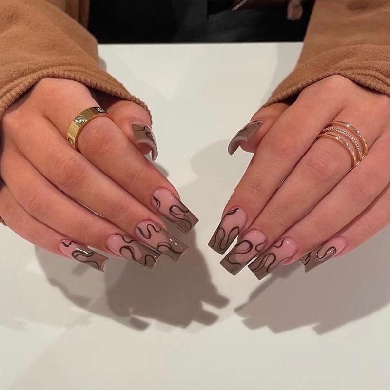 Brown French Tip Nail Stickers - Finished Manicure Set